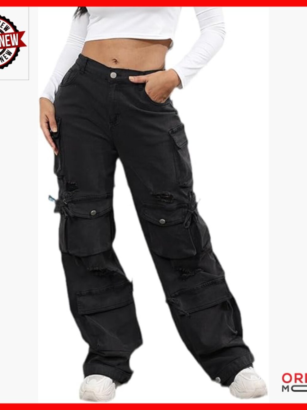 High Waist Baggy Cargo Jeans with Flap Pockets, Loose Fit Denim Pants